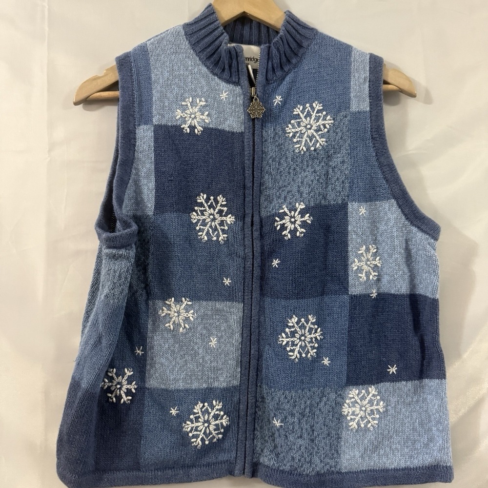 Vintage Breckenridge Blue Color Block Snowflake Embroidered Zip Vest L Petite
